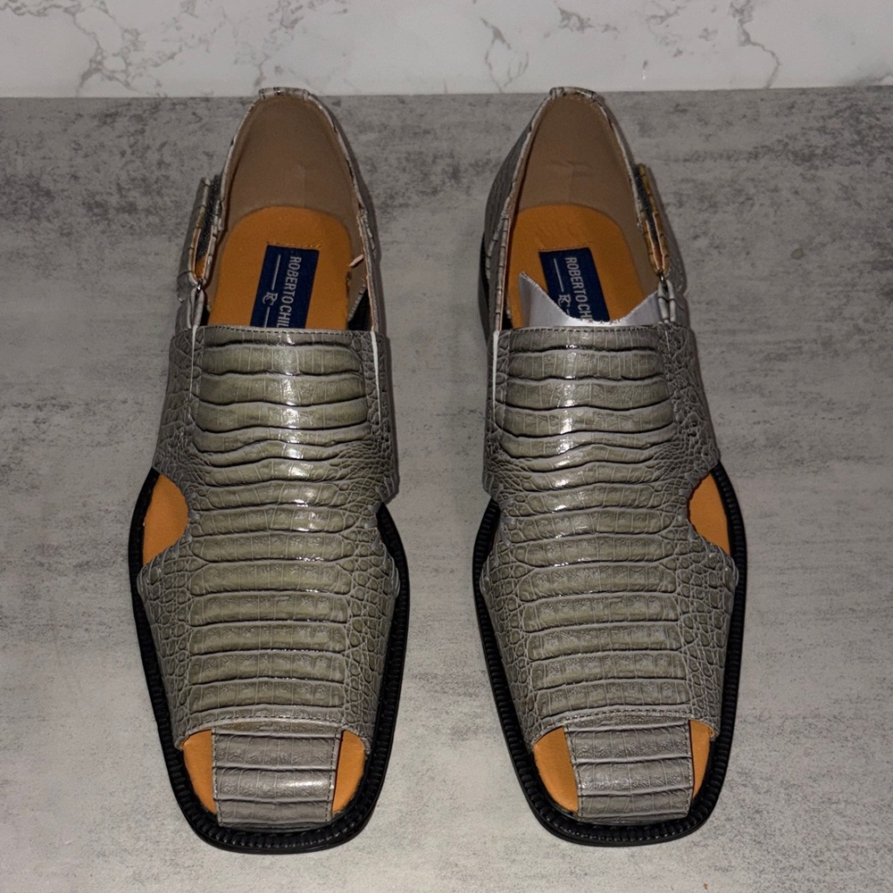 MENS Roberto Chillini Gray Croc-Embossed Leather Sandals -